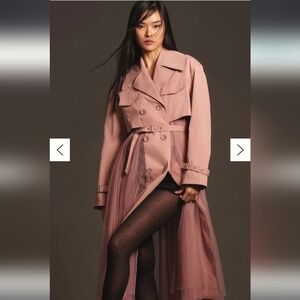 Anthropologie Women's Blush Pink Trench Coat with Tulle Pleated Detail Small